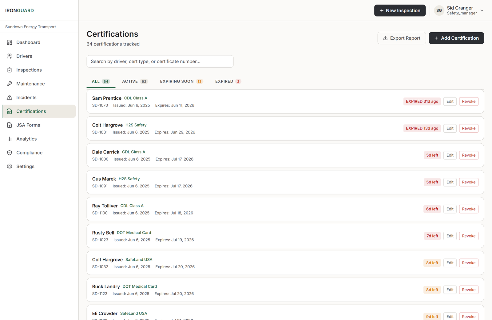 The IronGuard certification register: driver certifications tracked by type with active, expiring-soon, and expired states