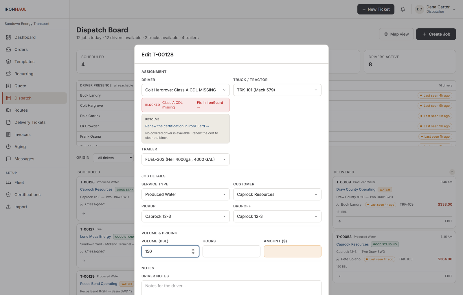 IronGuard blocking a dispatch: an expired driver certification stops the truck assignment, with a Fix in IronGuard resolution link