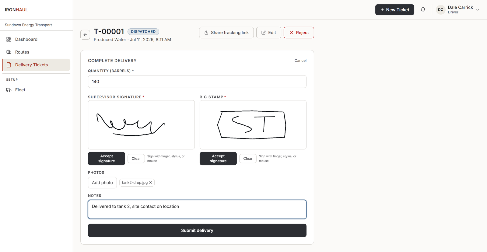 The IronHaul driver completion panel filled out from the field: 140 barrels, supervisor signature and rig stamp signed, site photo attached, delivery notes entered
