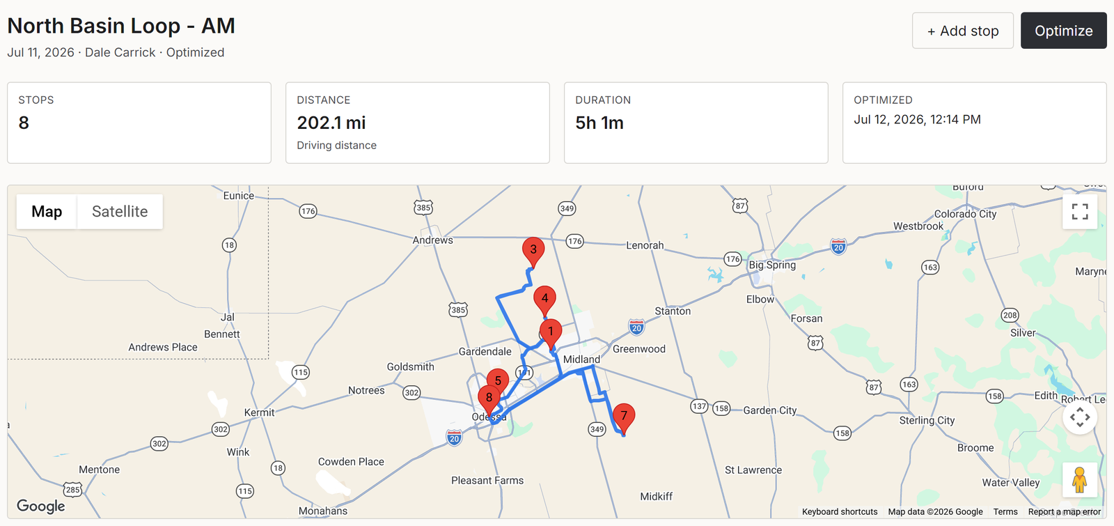 An optimized IronHaul route across the Permian Basin: eight numbered stops on a road-following path with real driving distance and duration