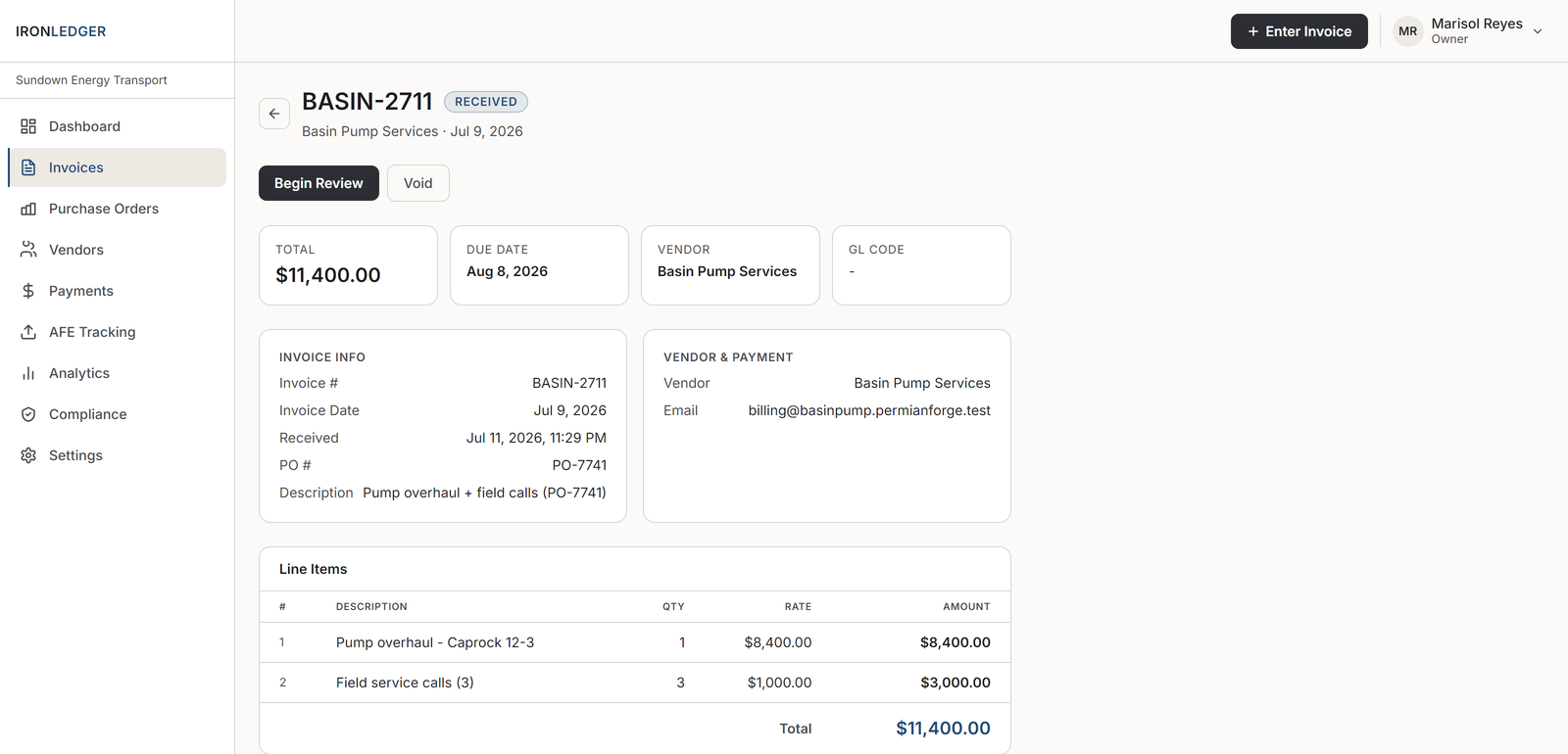 A vendor invoice in IronLedger tied to its purchase order, with line items ready for three-way match review