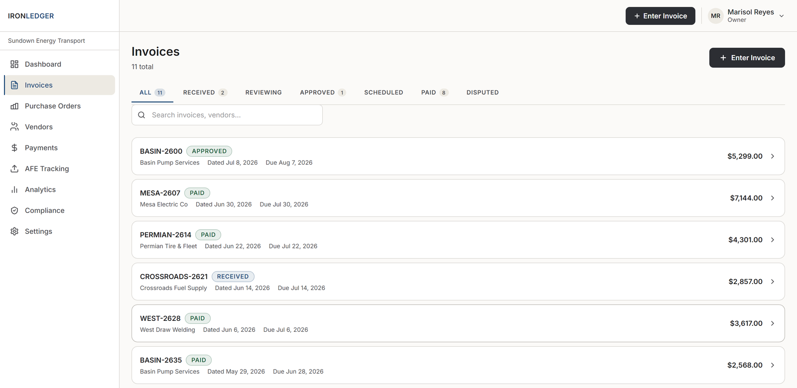 IronLedger accounts-payable inbox: vendor invoices with received, approved, and paid statuses across the month